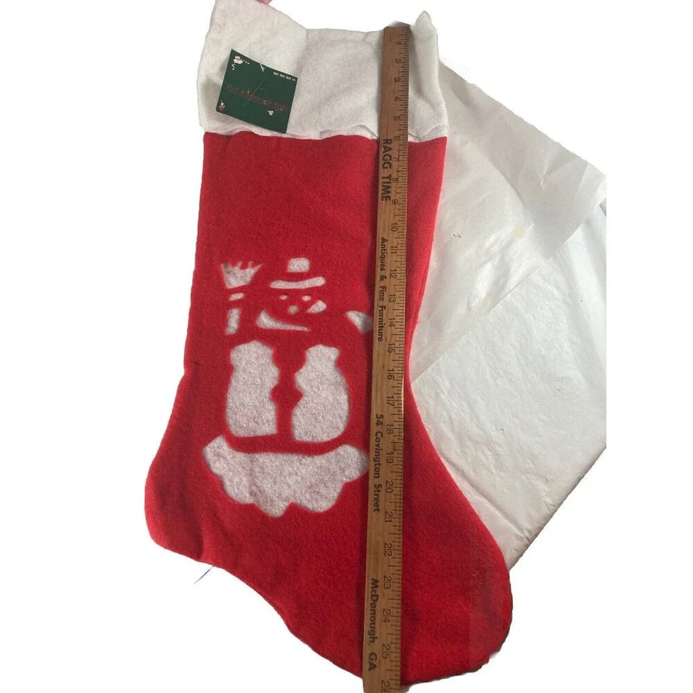 Vintage Large Red Felt Stockings 25.5” Set Of 3 Snowman Trees With Tags NOS